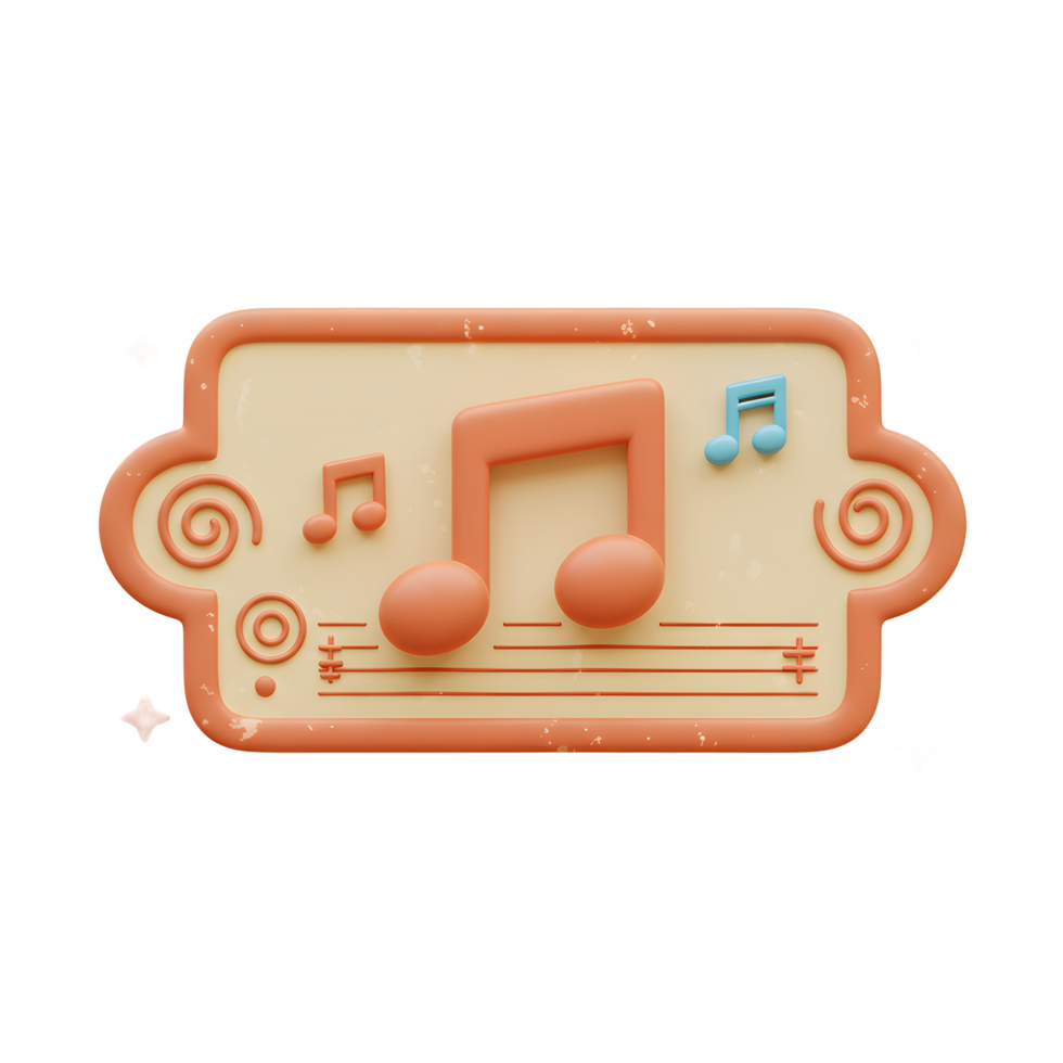 A musical note sign is displayed along with staff lines, swirls, and stars, representing musical themes and entertainment. png