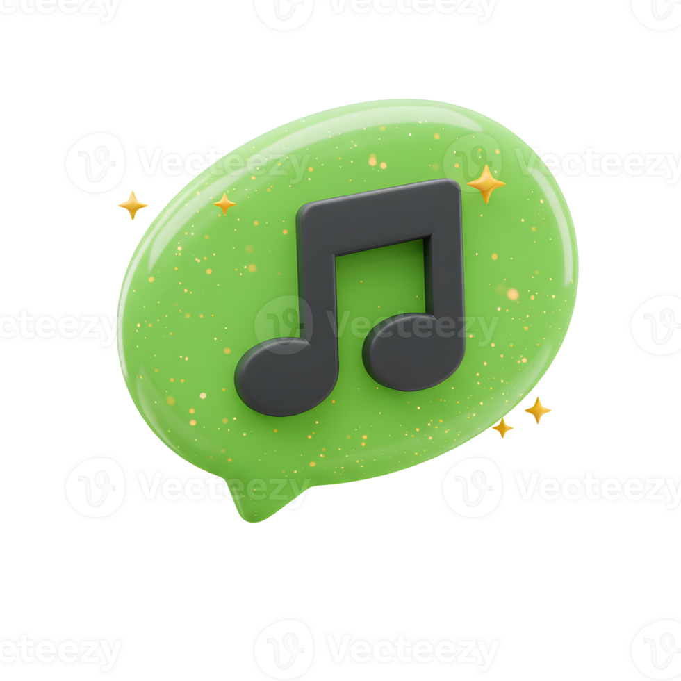 A black music note is displayed on a green, sparkling speech bubble, indicating musical messages or notifications, perfect for social media or app design. png