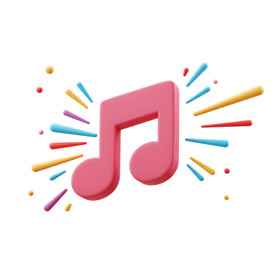 A pink music note is surrounded by colorful rays and dots, which can be used for music promotions and events. png