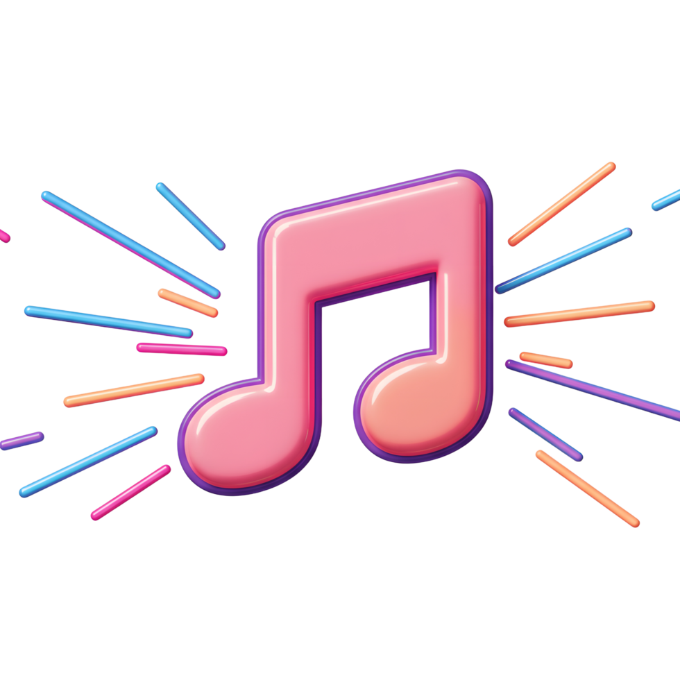 A glossy pink music note is surrounded by colorful lines to represent sound and excitement, often utilized in branding or web design. png