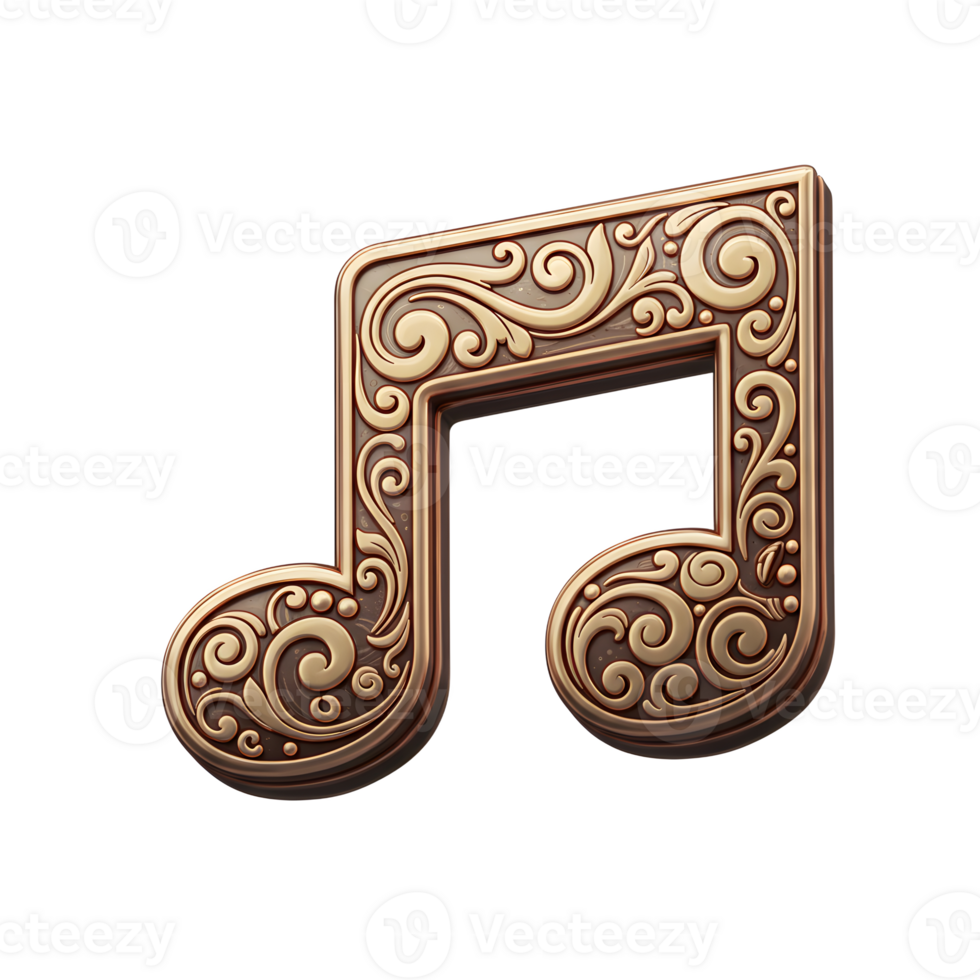 An elegant musical note is decorated with intricate scrollwork patterns in a bronze color, which can be used for representing music or art related topics. png