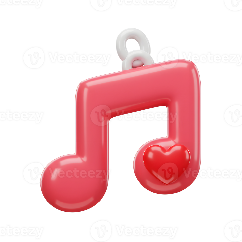 A pink music note adorned with a red heart hangs from white rings, conveying a message of love through music, suitable for digital graphics. png