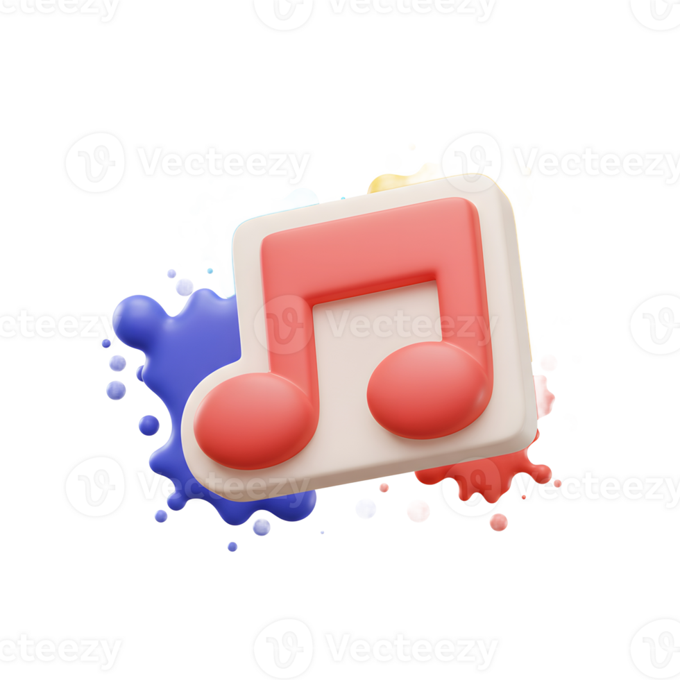 A pink music note is placed atop a white square, surrounded by colorful paint splatters, perfect for artistic or musical projects. png
