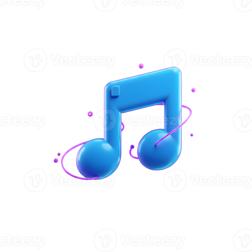 A 3D render of a glossy blue music note with pink wire accents floats on a white background, ideal for use in music-themed designs. png