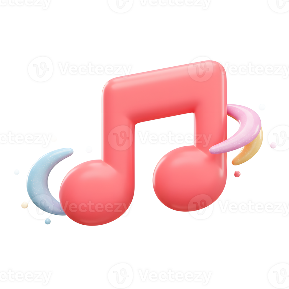 A pink musical note is surrounded by curved pastel shapes and dots, perfect for expressing themes related to music and sound. png
