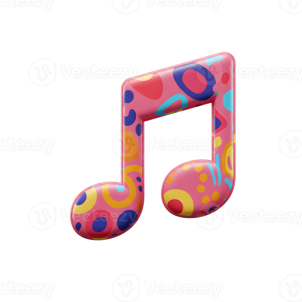 A pink music note with colorful patterns floats against a white background, perfect for adding a creative touch to designs. png