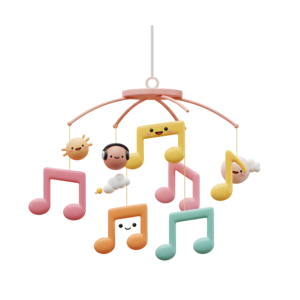 Colorful baby mobile featuring music notes, a sun, a cloud, and faces creates a soothing and engaging environment for infants. png