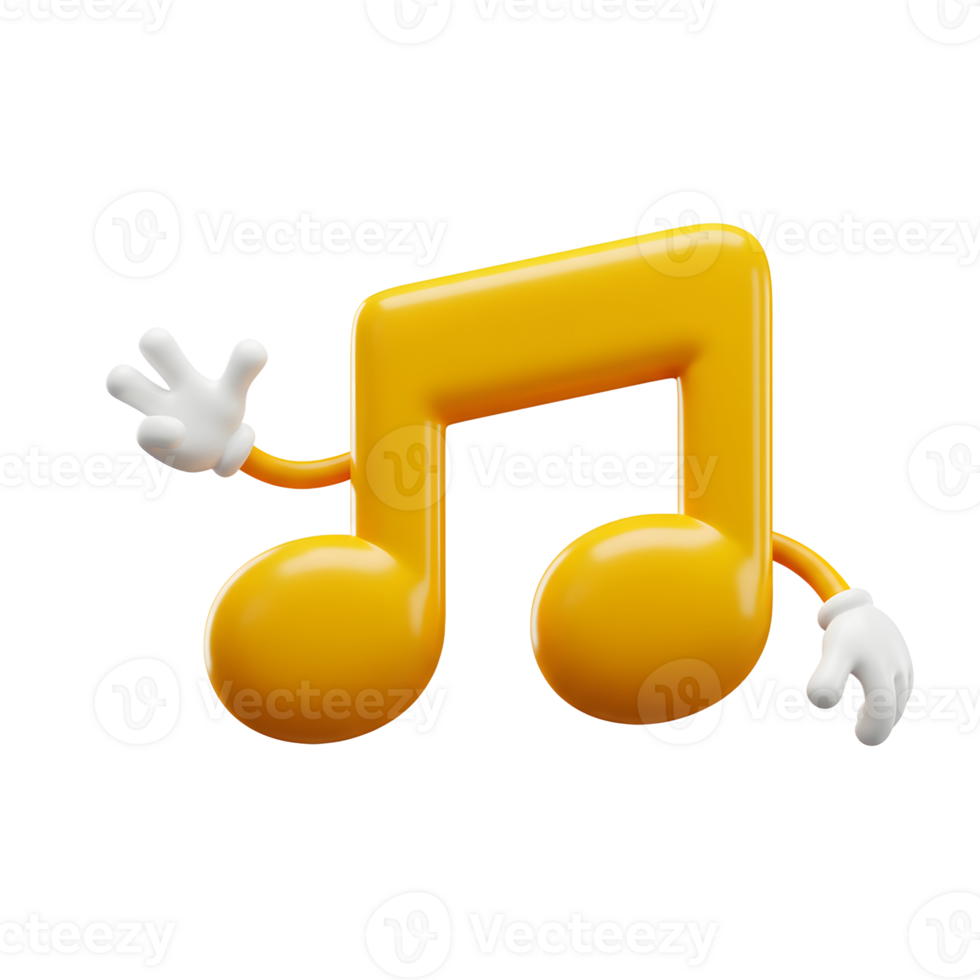 A cheerful yellow music note is depicted with arms and hands waving, adding a whimsical touch that can be used for musical content or educational materials. png