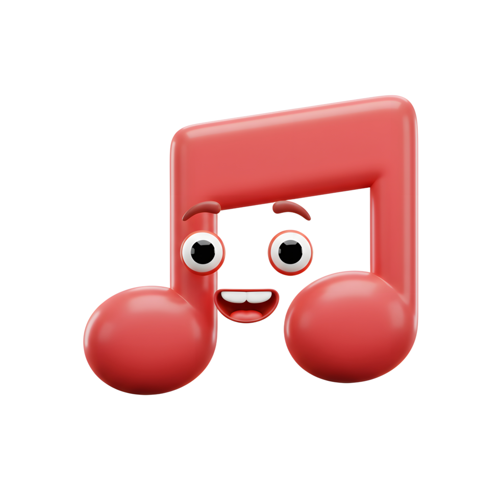 A red musical note is smiling with cartoon eyes and a mouth on a white background, representing a happy melody. png