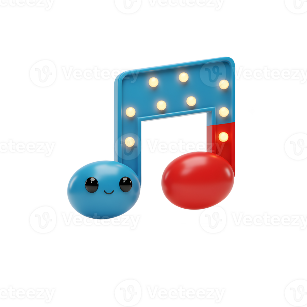 A whimsical cartoon musical note, glowing with lights, brings a playful touch to musical illustrations. png