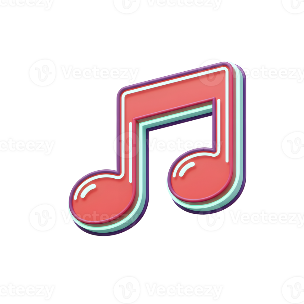 A red music note with light blue, purple and white outlines is displayed against a white background to represent melody in design. png