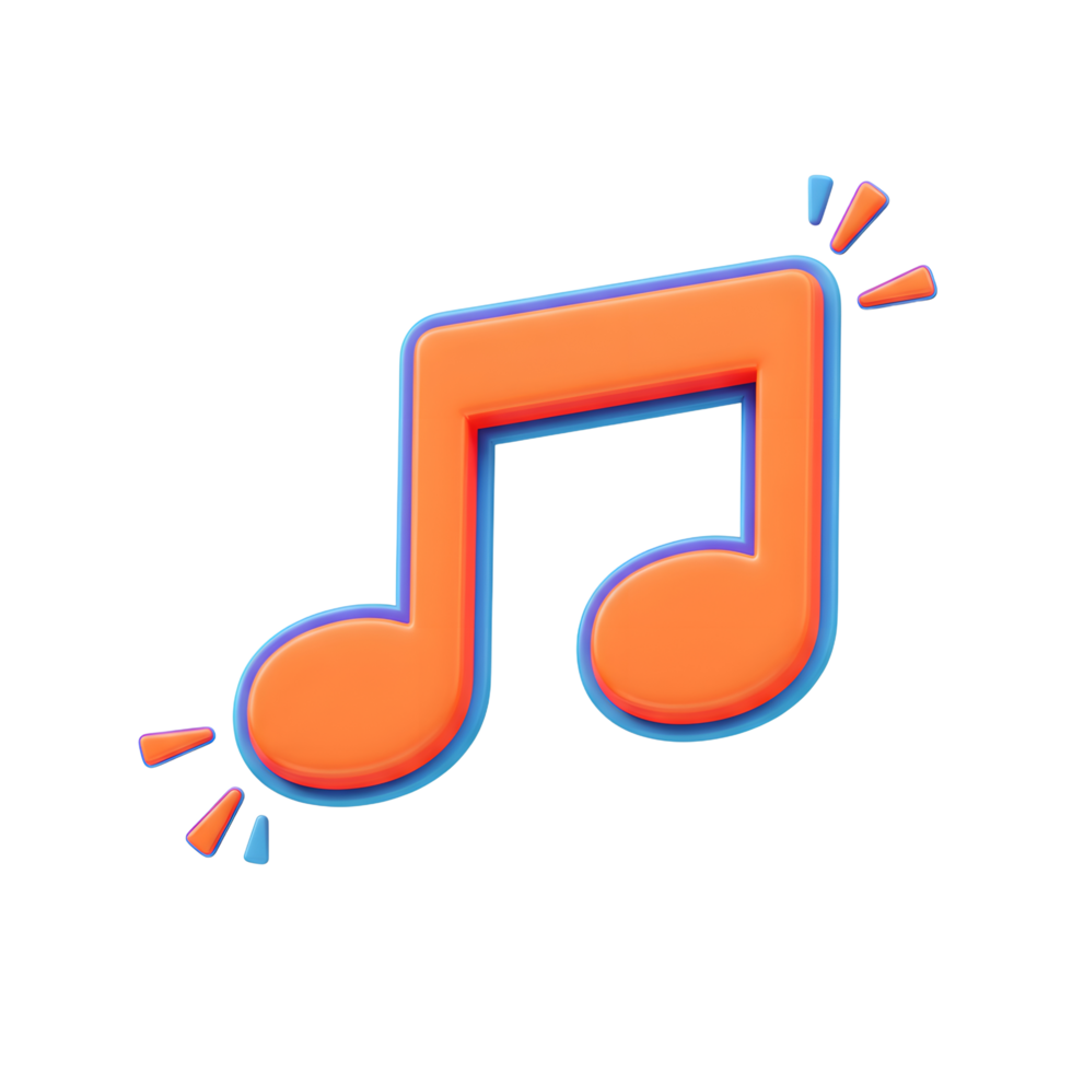 3D render of a bright orange musical note with a blue border, emitting small bursts of energy, ideal for adding a cheerful touch to projects. png