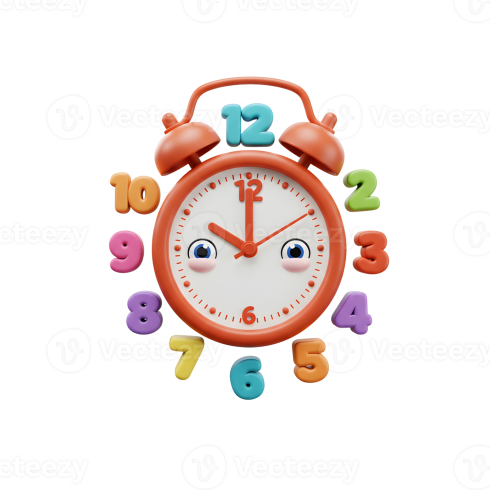 Cute orange cartoon alarm clock features a face and colorful number elements, ideal for educational purposes. png