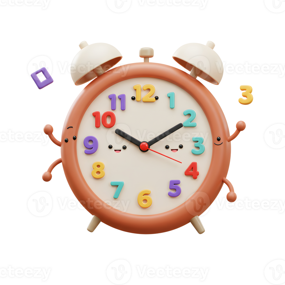 A cartoon alarm clock with colorful numbers and smiling faces displays the time, making it suitable for educational materials or children's designs. png
