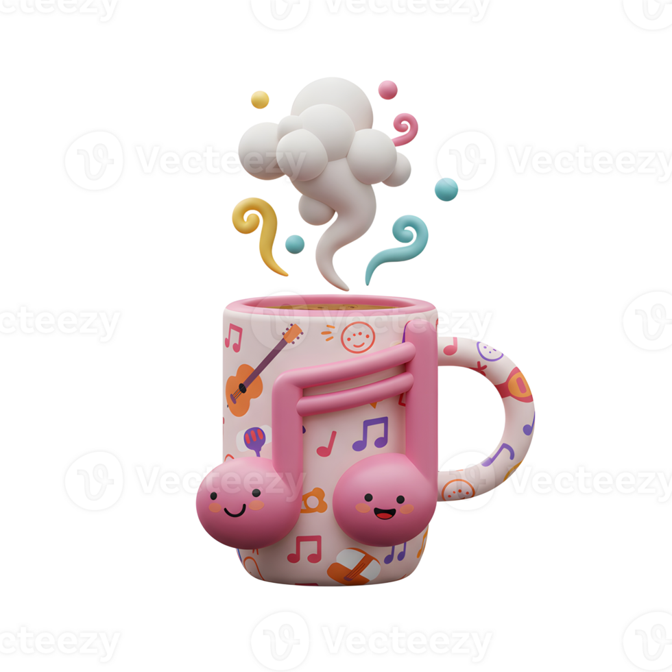A pink and white mug decorated with musical notes emits steam, representing a joyful and musical start to the day. png