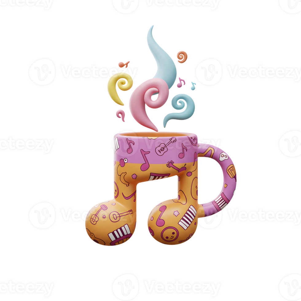 A colorful, music note-shaped coffee cup with rising steam creates a whimsical and joyful atmosphere, suitable for inspiring creativity and musicality. png