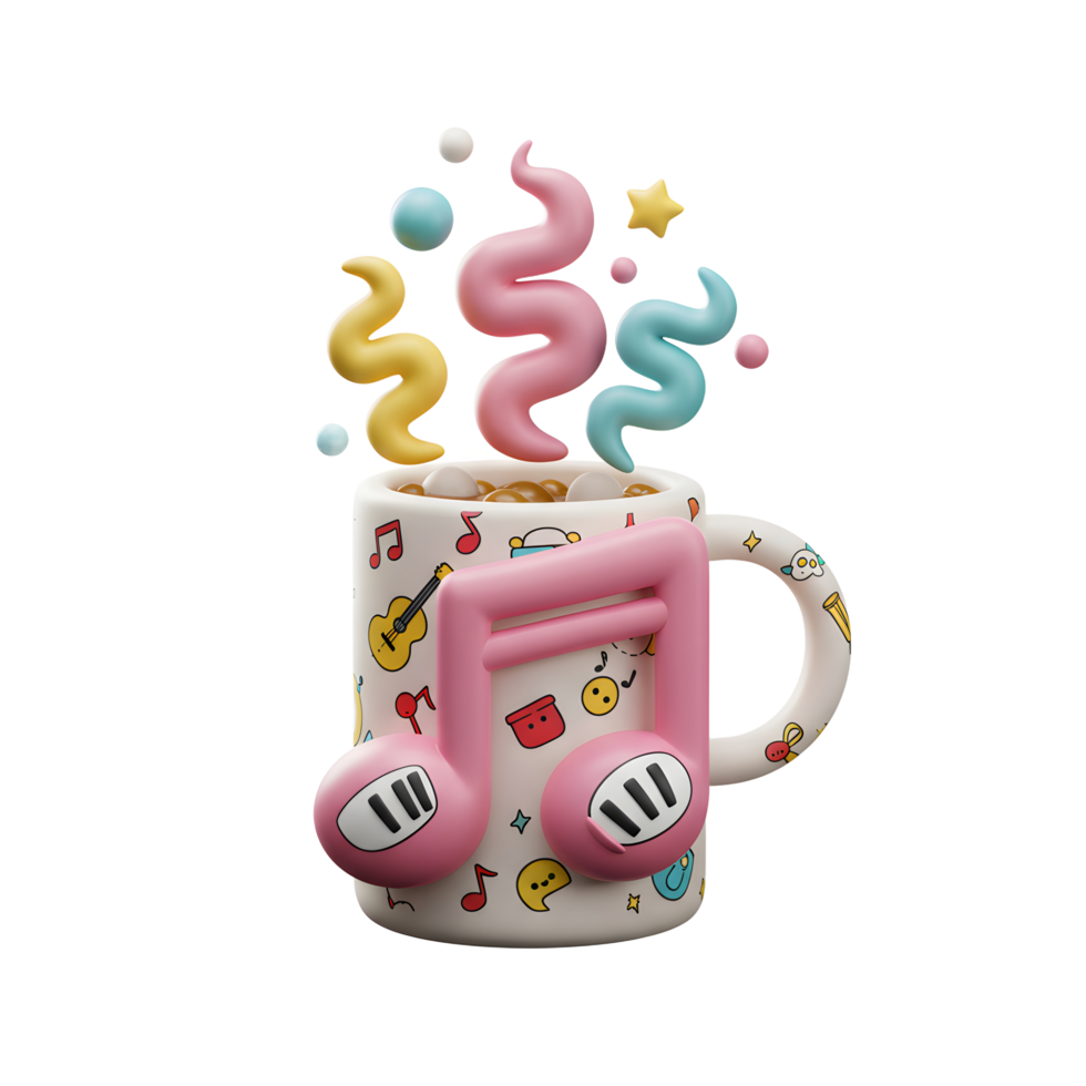A whimsical cartoon mug is decorated with a musical note and emits colorful party steam, creating a festive mood to celebrate a special occasion. png
