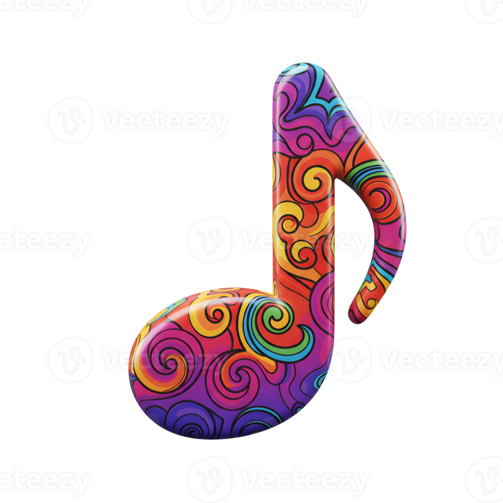 A colorful musical note is patterned with rainbow swirls on a white background, making it suitable for digital art or creative designs. png