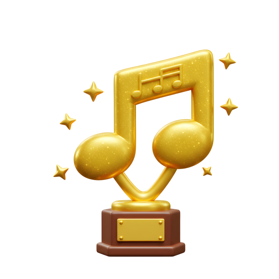A golden music note trophy shines brightly surrounded by stars, suggesting celebration and recognition of musical talent. png