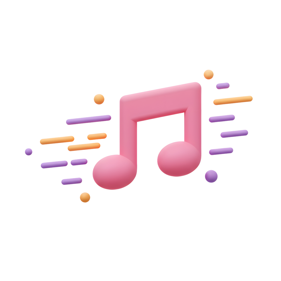 A pink 3D music note is surrounded by colorful lines and dots, creating a whimsical and vibrant design suitable for musical themes. png