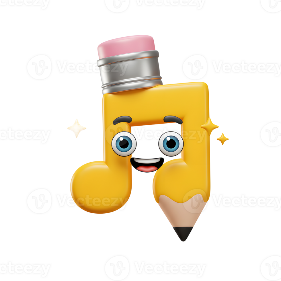 A happy cartoon music note with a pencil tip and eraser stands out on a white background, perfect for creative projects. png