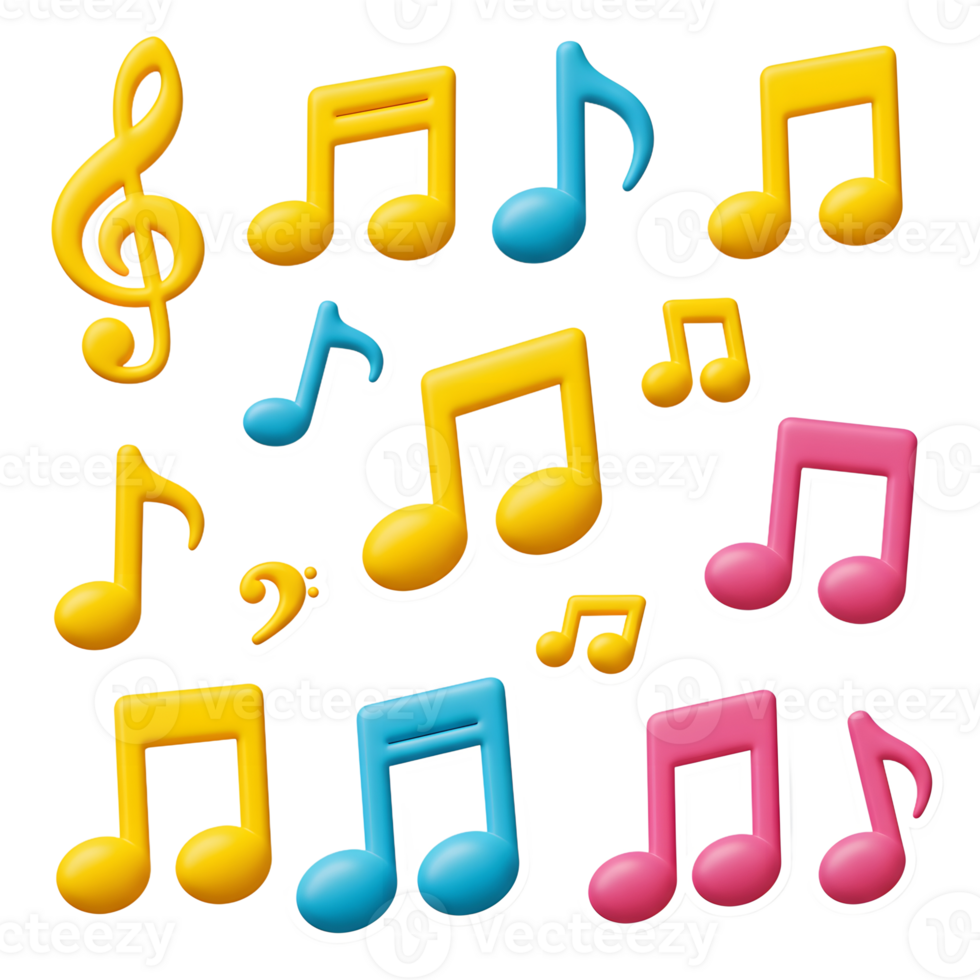 A collection of colorful musical notes are scattered on a white background, perfect for music-related designs. png
