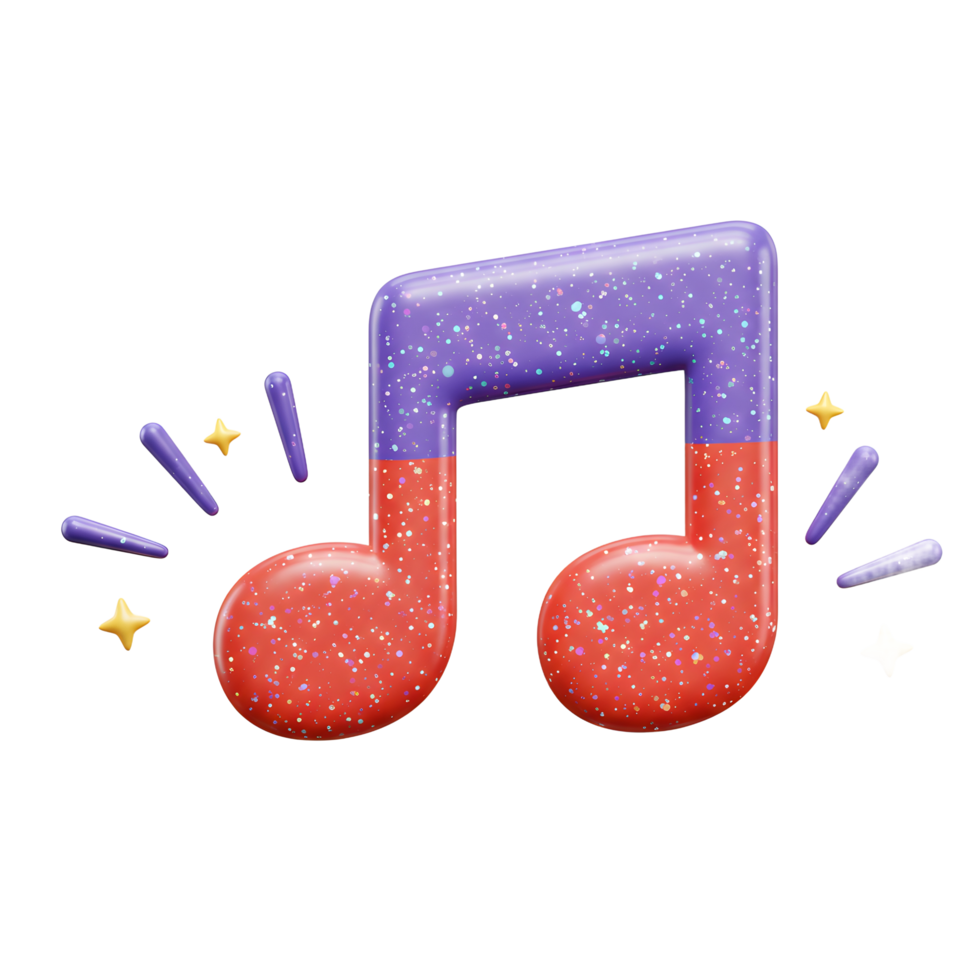 Illustration of a musical note with a glittering texture and accompanied by small stars, suitable for use in projects related to music or sound. png