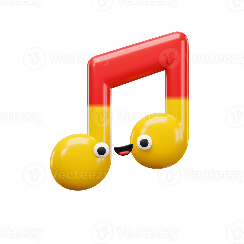 A cartoon music note with a red and yellow color scheme features eyes and a mouth, creating a playful image suitable for educational or entertainment projects. png