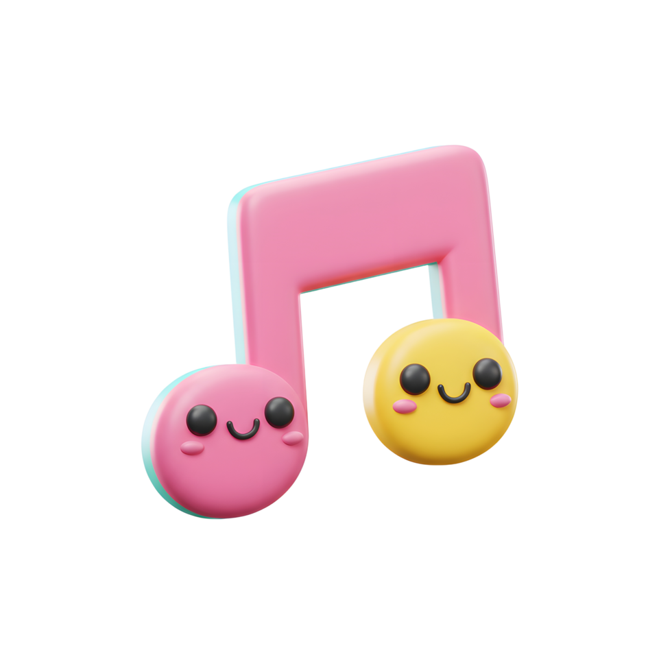 A pink music note with cute smiley faces is displayed in a 3D render, perfect for illustrating themes of happiness and music. png