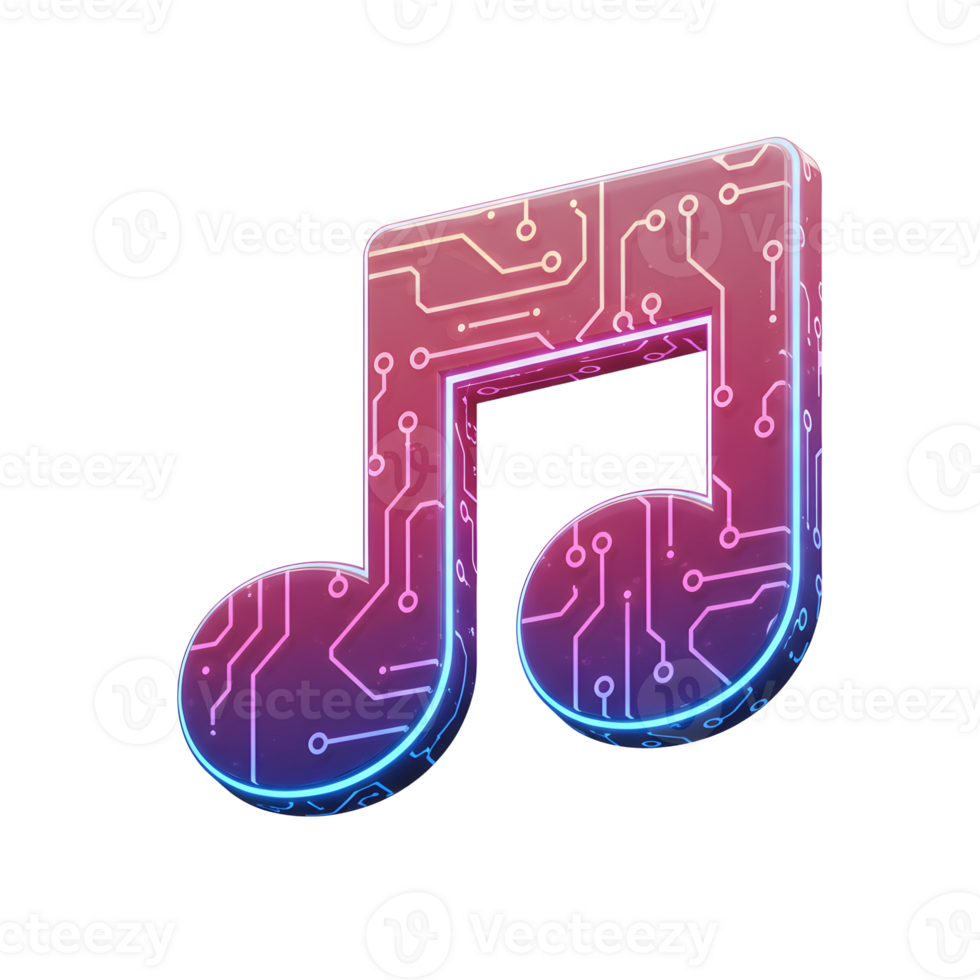 This digital music note features a circuit board design with pink and blue neon colors, making it suitable for technological music applications. png