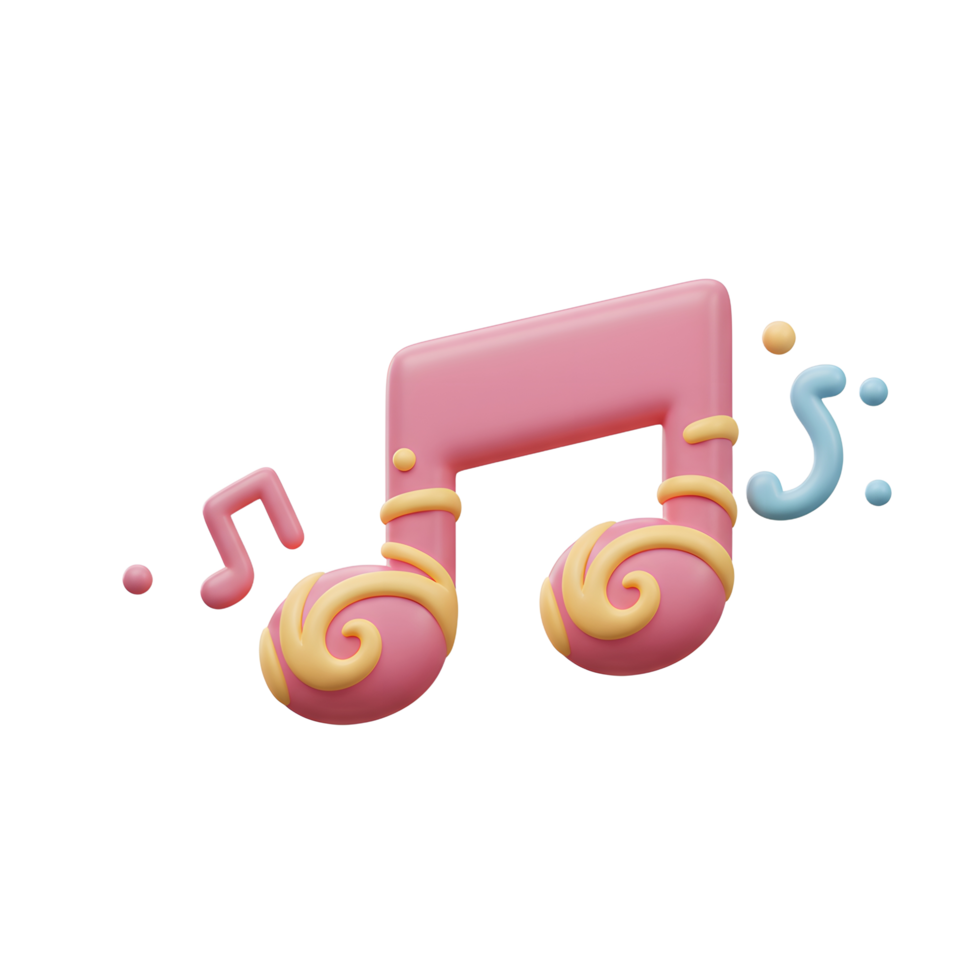 A cheerful pink musical note is surrounded by decorative swirls and embellishments, perfect for illustrating music education or a lighthearted musical theme. png
