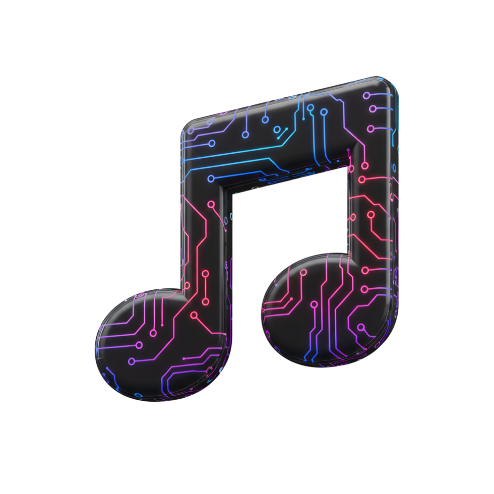 A single music note features a sleek, dark surface with vibrant, colorful circuit board patterns that would be great for music related graphics. png
