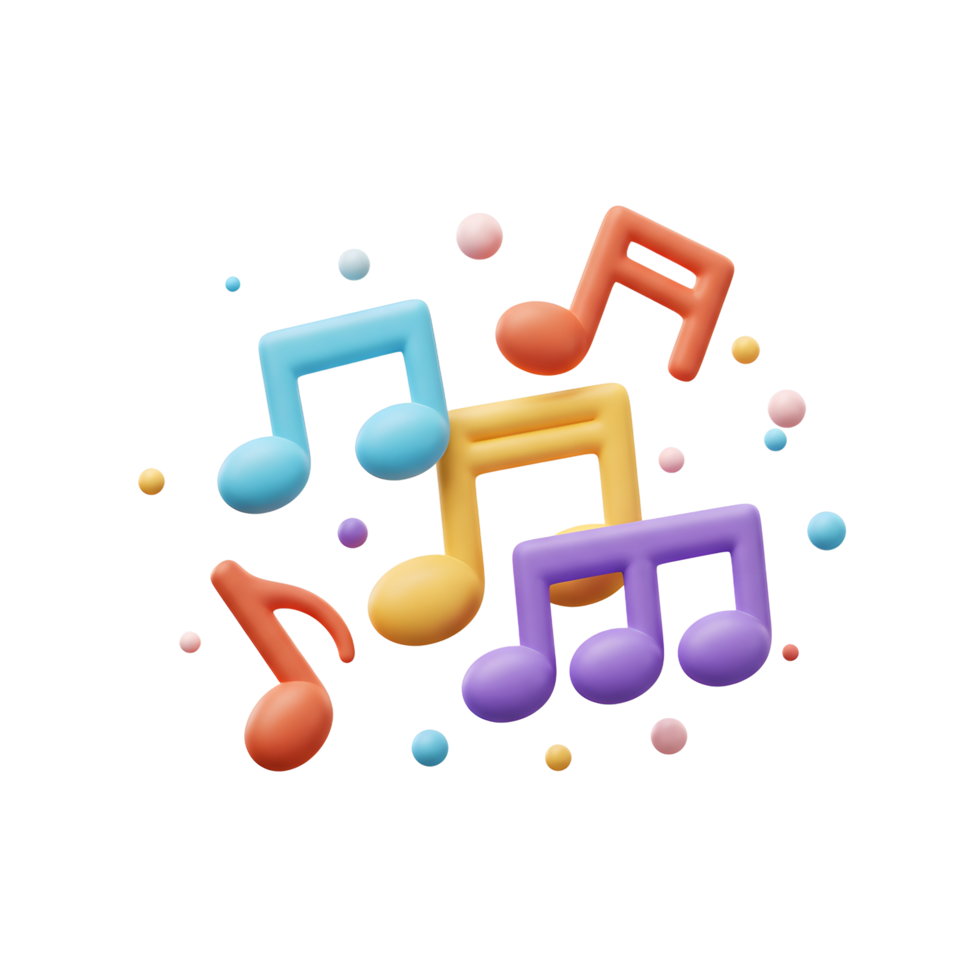 This is a 3D rendered image of colorful musical notes floating around, typically used to represent music or a happy event. png