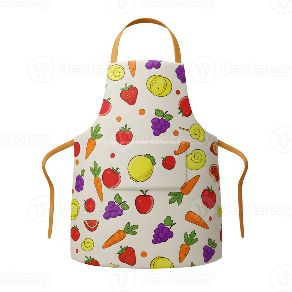 Apron features a playful pattern of fruit and vegetables, making it suitable for cooking and baking activities. png