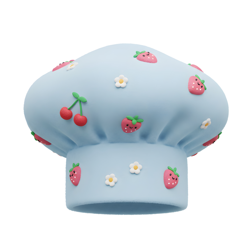 Light blue chef hat features strawberry and cherry icons, making it a cute and whimsical accessory for cooking. png
