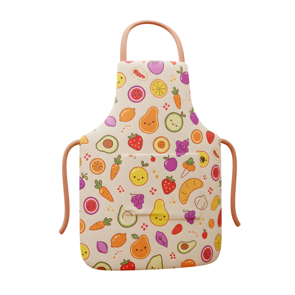 This adorable apron features a fun, colorful fruit pattern that is great for cooking and baking activities in the kitchen. png