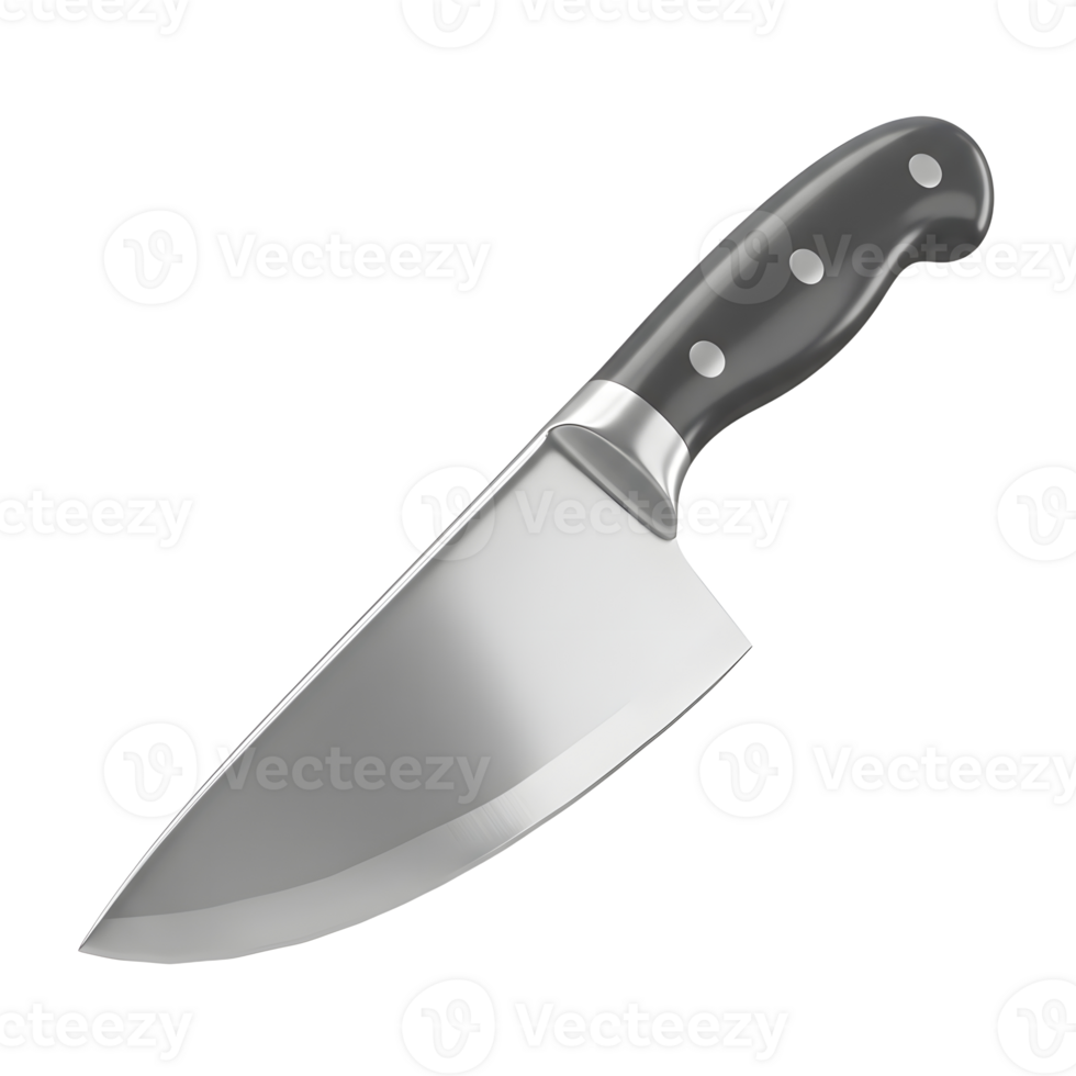 A sharp kitchen knife is displayed on a white background, which is commonly used for food preparation. png