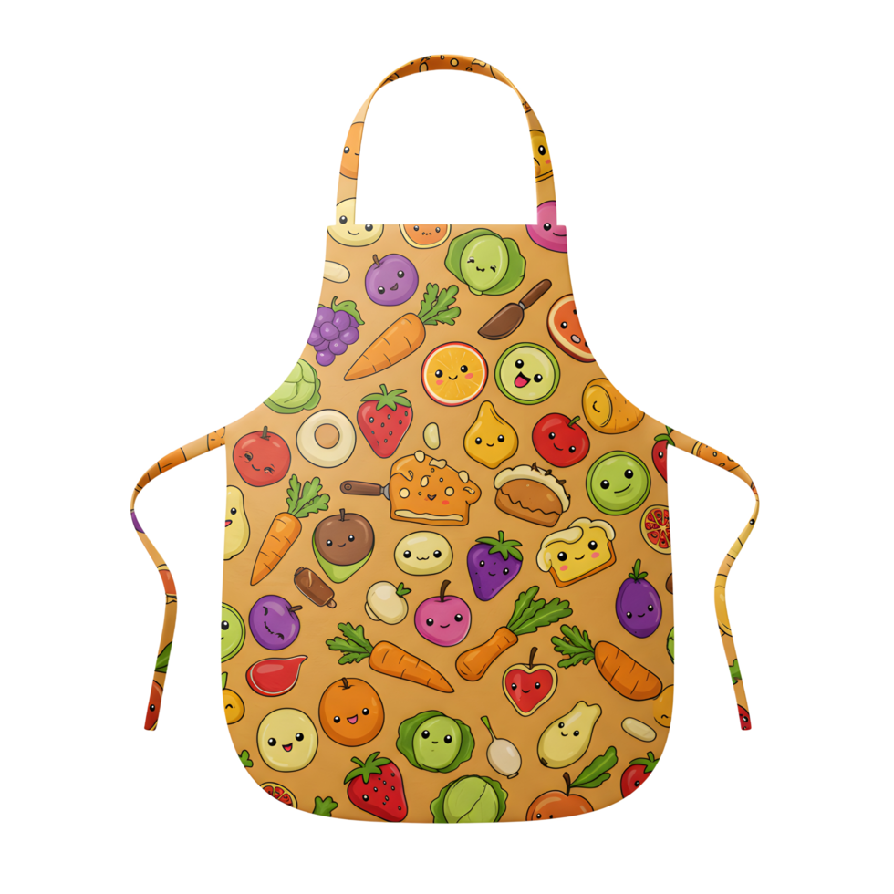 An apron is covered in a pattern of happy fruits and vegetables on a brown background, perfect for cooking. png