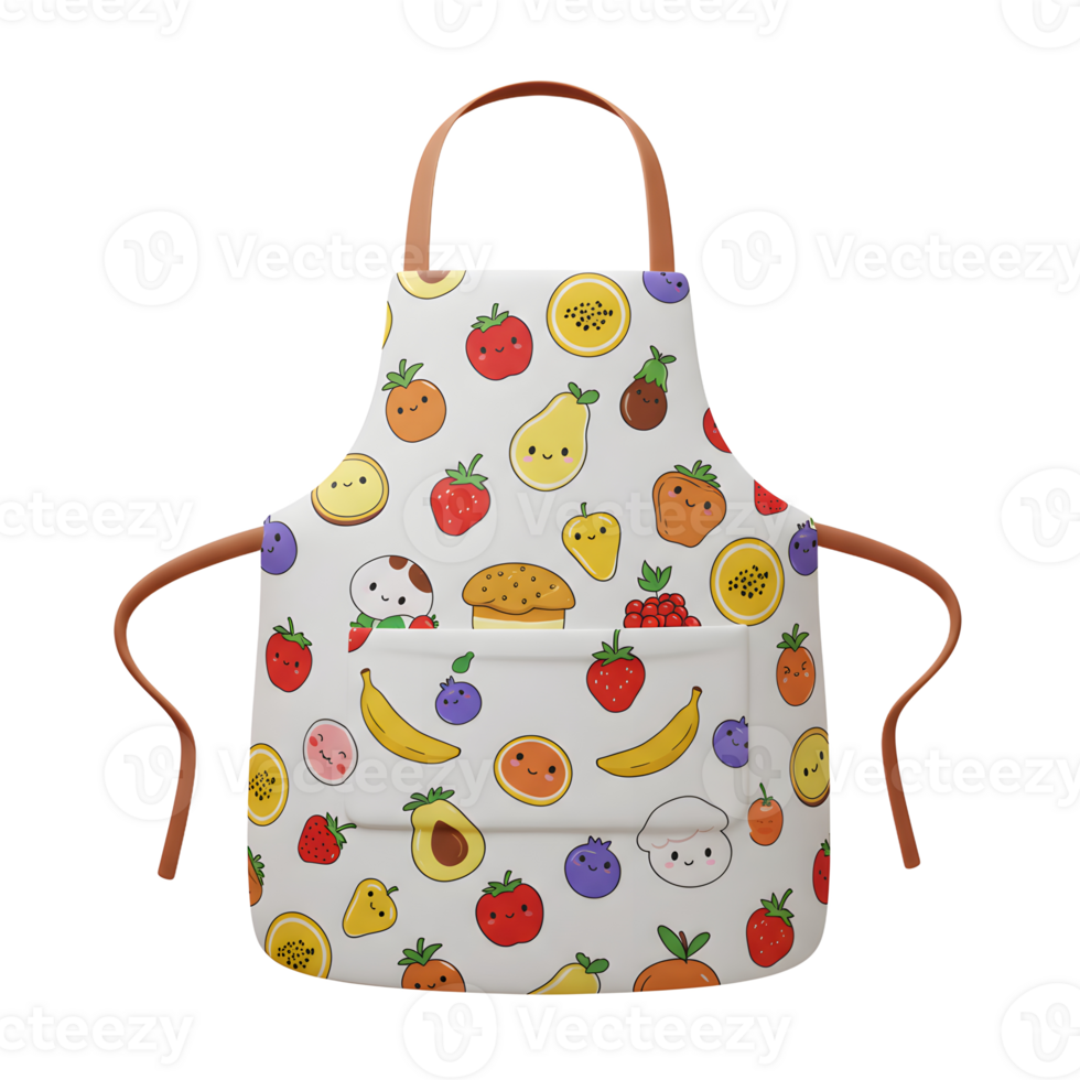 White apron covered with a colorful fruit pattern and brown straps can be worn to protect clothing while cooking or baking. png