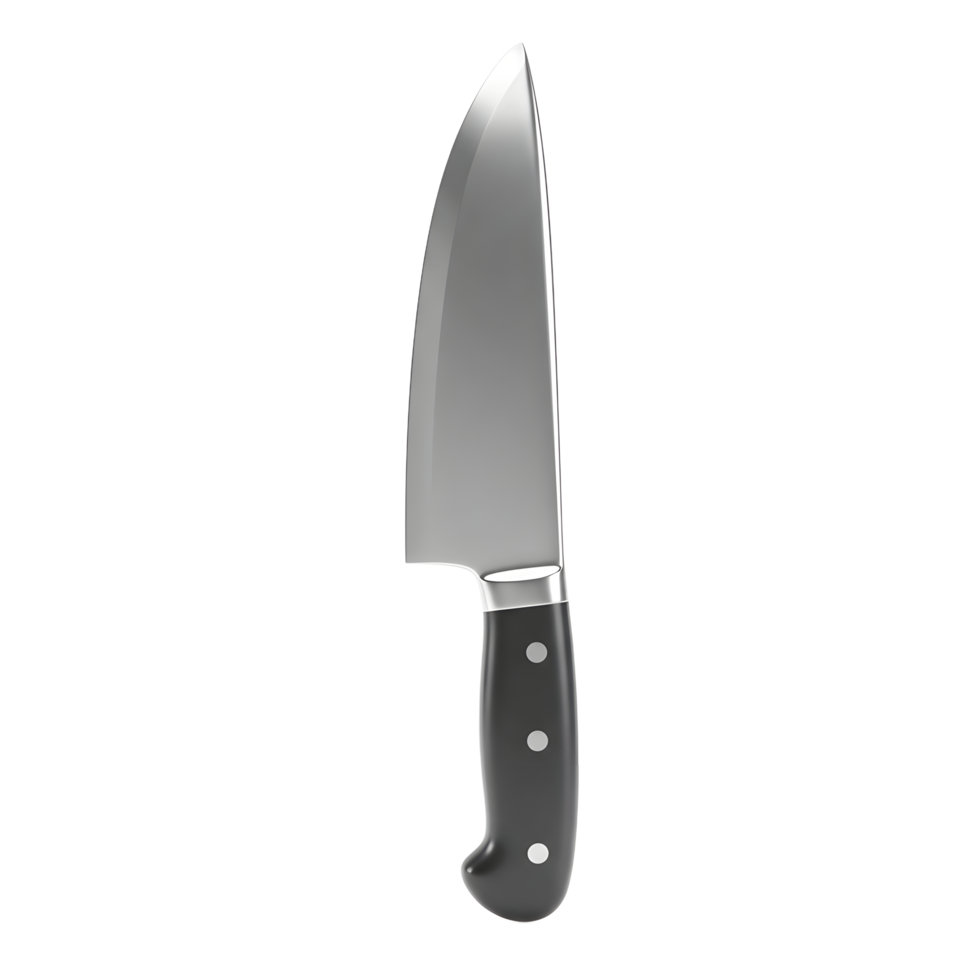 This is a clear image of a chef's knife with a black handle and silver blade, perfect for use in cooking and food preparation. png