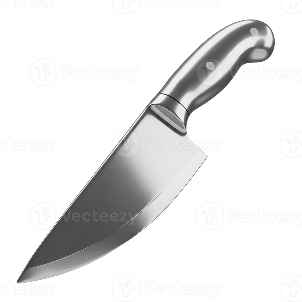 A shiny metal knife with a curved handle is displayed against a white background, useful for food preparation. png