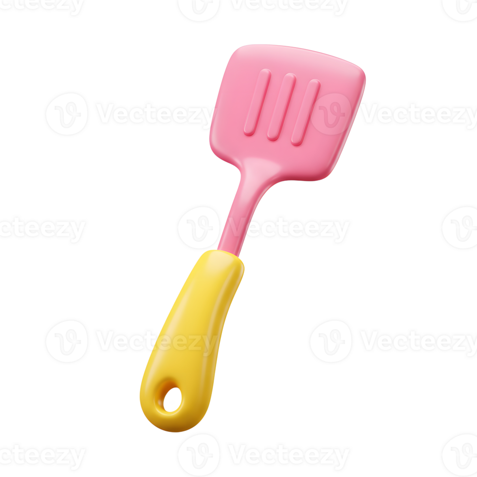 A pink spatula with a yellow handle is displayed in a bright, glossy 3D render and can be used for cooking and baking. png