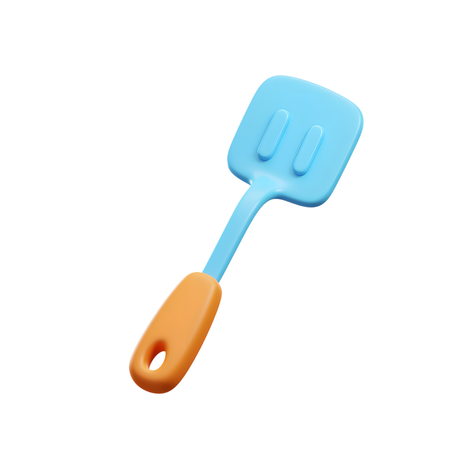 A blue and orange spatula is isolated on a white background for use in the kitchen when cooking. png