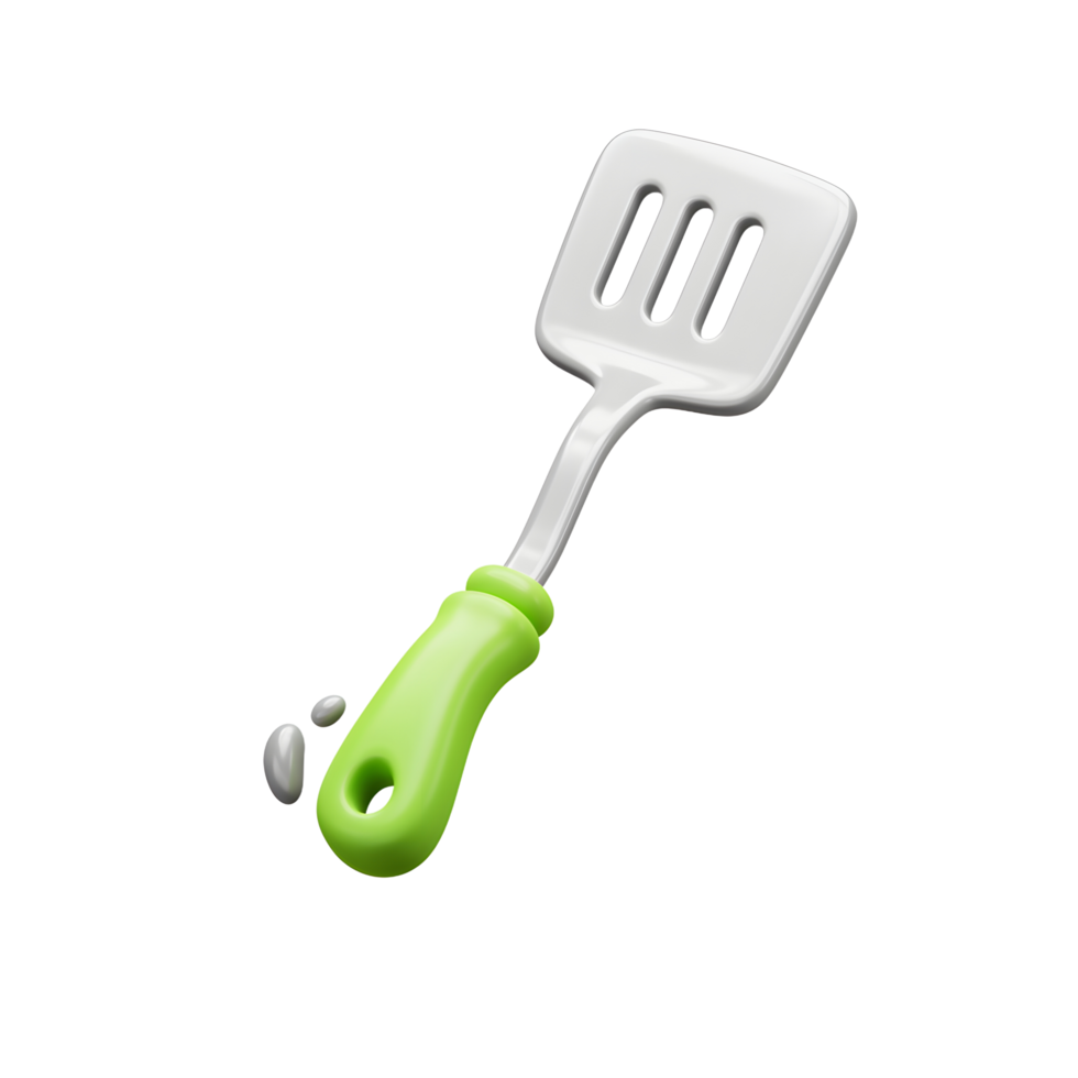 A glossy spatula with a green handle and grey drops is isolated on a white background and used for cooking. png