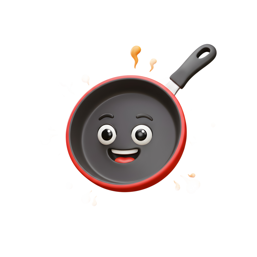 Cartoon frying pan with happy face and floating orange blobs around it, ideal for cooking and kitchen themed designs. png