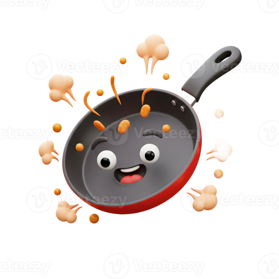 A cartoon frying pan with a happy face is cooking food which is illustrated through rising steam and falling drops, making it suitable for culinary content. png