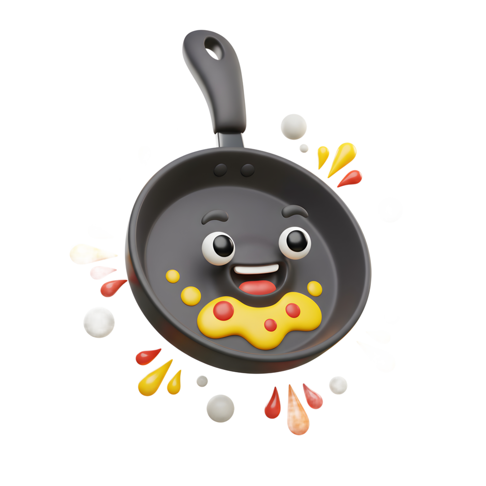 Illustration of a smiling frying pan with food residue and colorful liquid splashes, ideal for cooking content. png