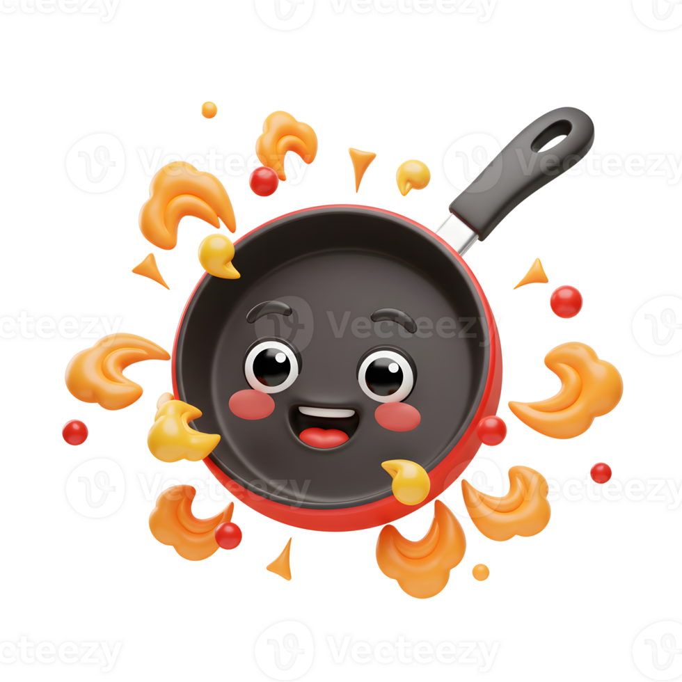 A cartoon frying pan with a happy face is surrounded by animated food, making it suitable for cooking-related content. png