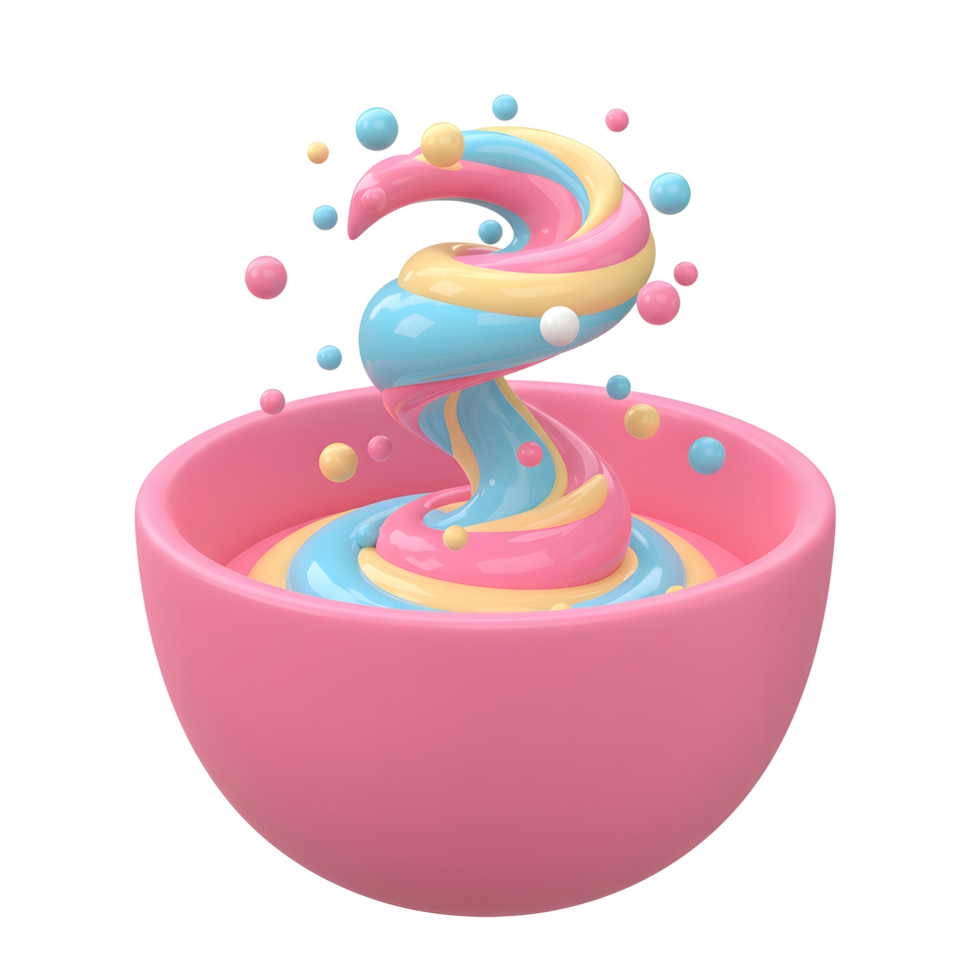 A colorful swirl of pink, yellow, and blue candy sits in a pink bowl, surrounded by floating orbs, which can be used for decoration or food-related designs. png