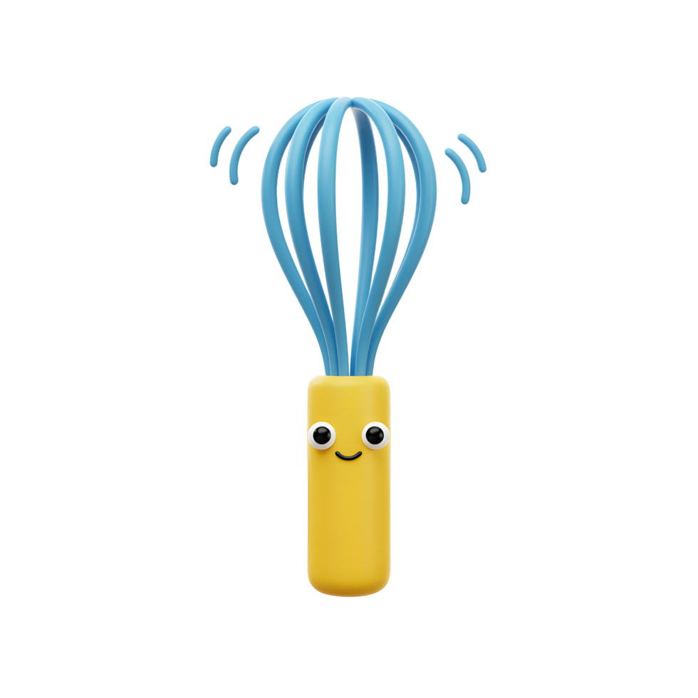 A cartoon whisk with a yellow handle and blue wires features a smiling face, suitable for illustration. png
